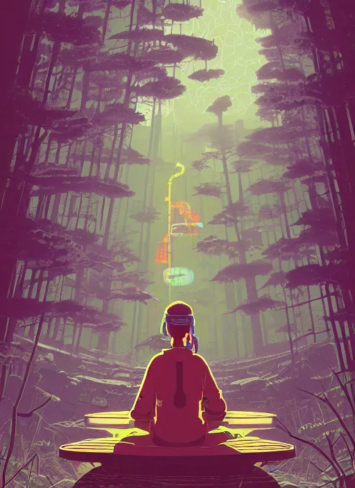 Image similar to an indie game poster of a translucent cyberpunk explorer meditating on an ancient platform in the middle of a dense forest, midnight, risograph by ghostshrimp, kawase hasui, josan gonzalez, jean giraud, moebius, colourful flat surreal design, in the style of oxenfree, super detailed, a lot of tiny details