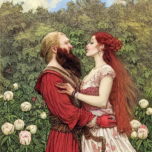 Prompt: a white skinned red bearded viking and a beautiful brown skinned indian princess kiss in a field of peonies, masterpiece, highly detailed, art by rebecca guay