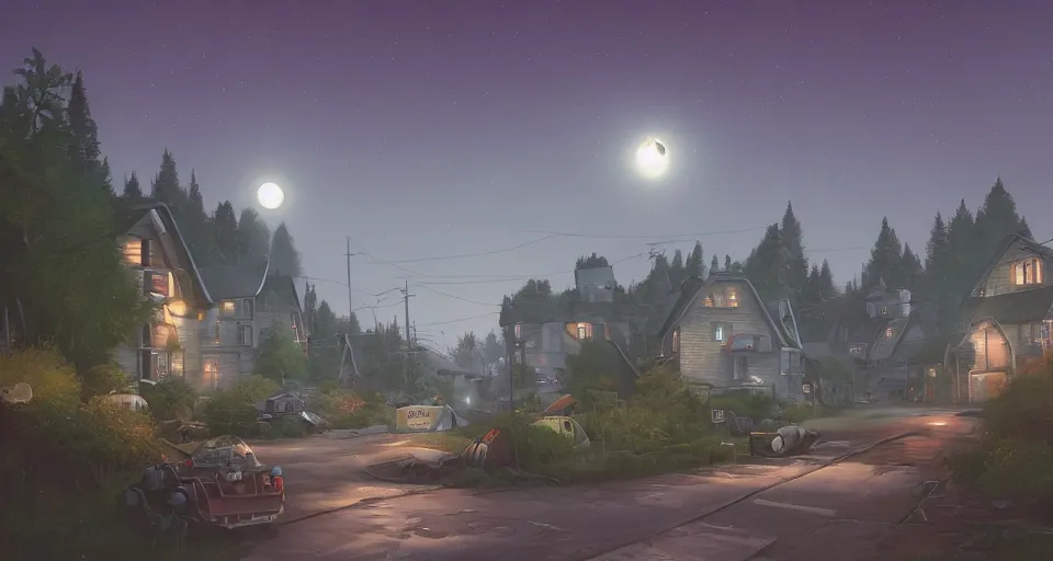 Image similar to a quaint suburban street at night colossal maschinen krieger looms in the distance, realistic rendering, unreal engine, 4k, hdr, high dynamic range, f12, by simon stalenhag