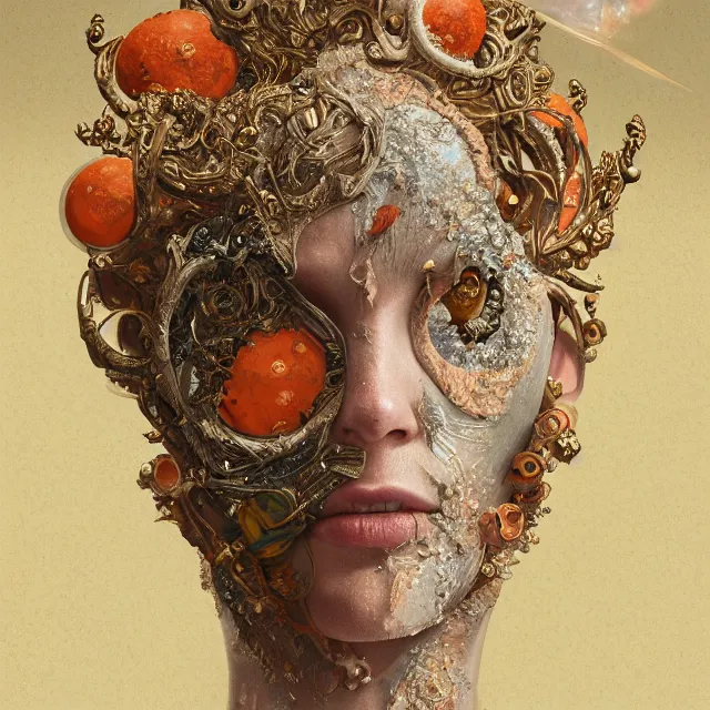Prompt: human portrait, face, wearing a carved mineral mask with tiny mineral incrustations, godness, ethereal, opal, elements, baroque, rococo, white + orange + ink + tarot card with ornate by marc simonetti, peter mohrbacher, cinematics lights, detailed, intricate illustration, octane render, fractal bacground, fine art, golden ratio, cyborg