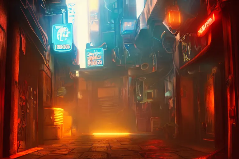 Image similar to ginger cat in the alley, neon lighting, rendered in unreal engine, trending on artstation, cyberpunk