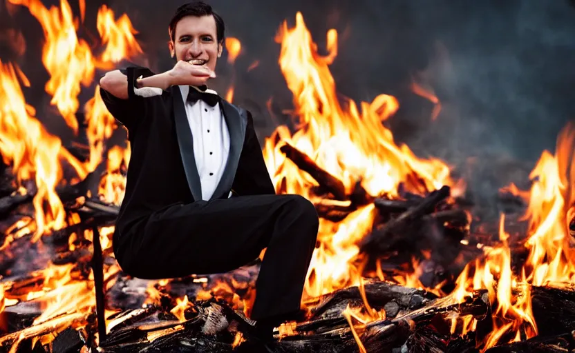 Image similar to a man wearing a tuxedo sitting in the middle of a bonfire