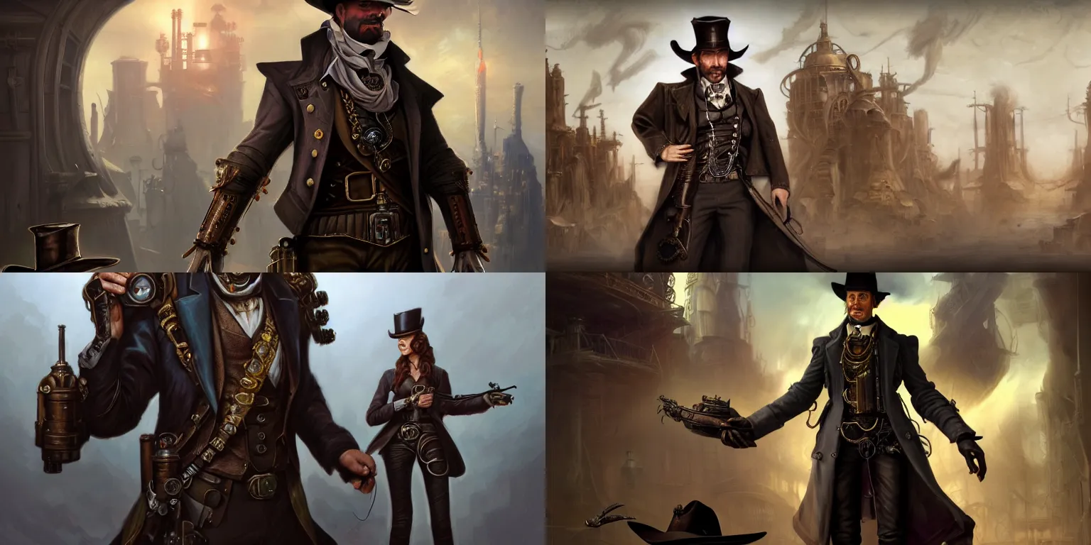 Image similar to full-length portrait of a noble gunslinger gentleman in hat in the center, holding arms on holsters , matte painting of steampunk spaceship on background, by tyler edlin and lindsey look, victorian, concept art, brutal, steam romance, steam-punk, detailed, 4k resolution, trending on artstation