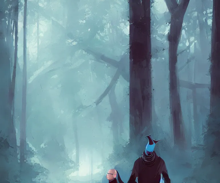 Prompt: painting portrait of a young bald blue - skinned wizard in a forest, masterpiece, trending on artstation, by ismail inceoglu