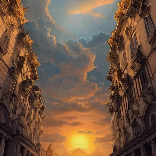 Image similar to magnificent baroque city floating in air, beautiful, surreal, highly detailed, sharp focus, sunset, by artgerm, cgsociety