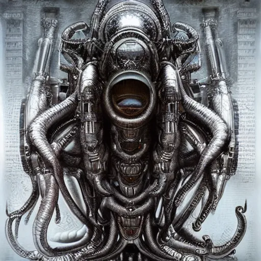 Image similar to mechanical cthulhu, cyborg, hyperealistic detailed photography, divinity, awful, religious art, cyberpunk, by h. r. giger