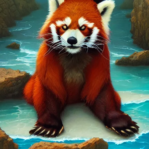 Prompt: commissioned artwork of a furry anthro red panda sunbathing on the beach, painted todd lockwood, jeff easley, greg rutkowski, james gurney, artgerm, digital art, trending on artstation