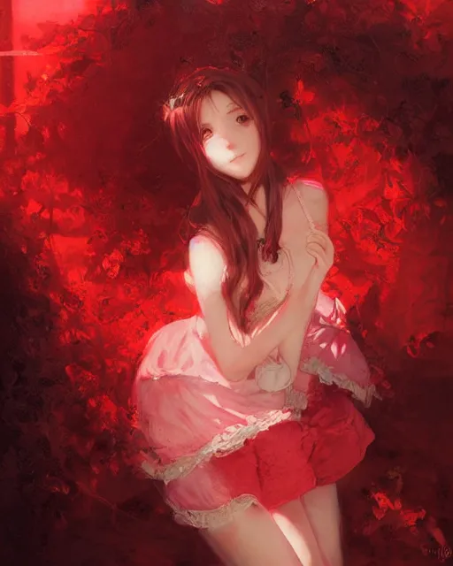 Image similar to aerith gainsborough in red lace skirt, portrait, illustration, rim light, top light, perfectly shaded, soft painting, art by krenz cushart and wenjun lin