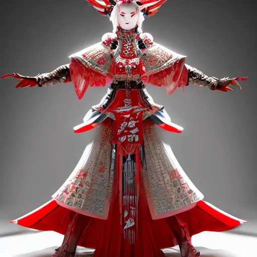 Image similar to albino maiko in a ornated armor preparing for war, full body, dynamic pose, red and white neon, concept art, intricate details, highly professionally detailed, cgsociety, highly detailed -