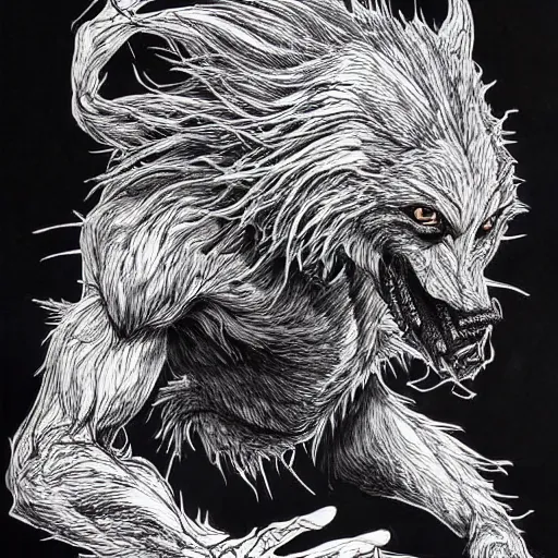 Image similar to Jordan Peterson as a werewolf, pen and ink, intricate line drawings, by Yoshitaka Amano, Ruan Jia, Kentaro Miura, Artgerm, watercolor