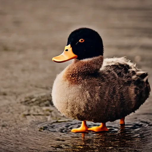 Prompt: extremely detailed photo of a duck wearing a fuzzy sweater, Sigma 80mm, cute