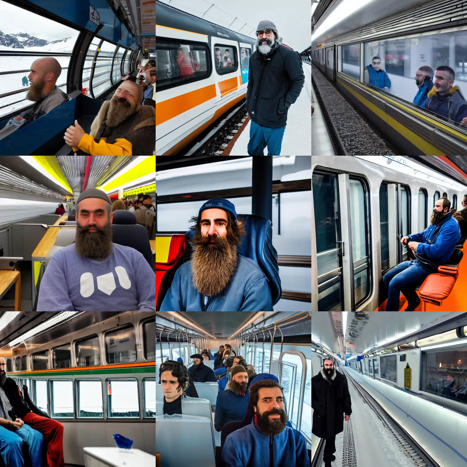 Prompt: an argentinian man with a beard and a buzz cut riding the german ice train