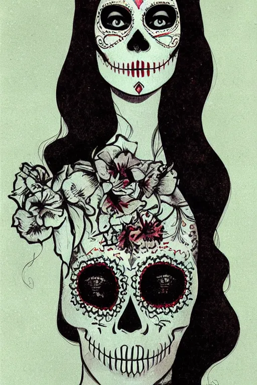 Prompt: Illustration of a sugar skull day of the dead girl, art by dean ellis