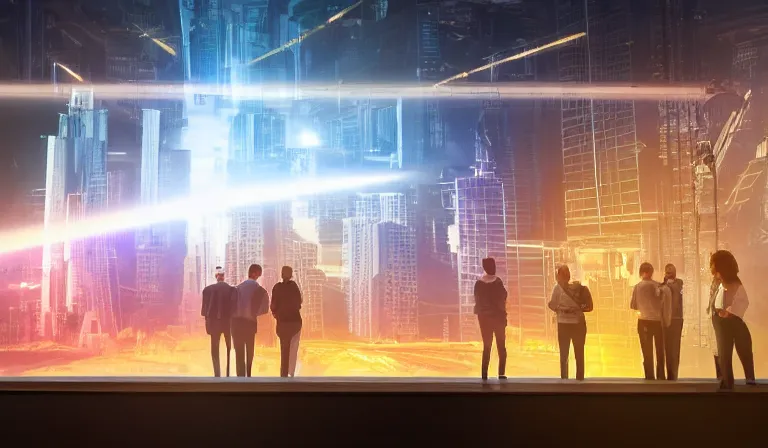 Image similar to group of people in simple warehouse, looking at hologram of futuristic city on a table, cinematic concept art, godrays, golden hour, natural sunlight, 4 k, clear details, tabletop model buildings, center model buildings, hologram center, crane shot, crane shot, crane shot