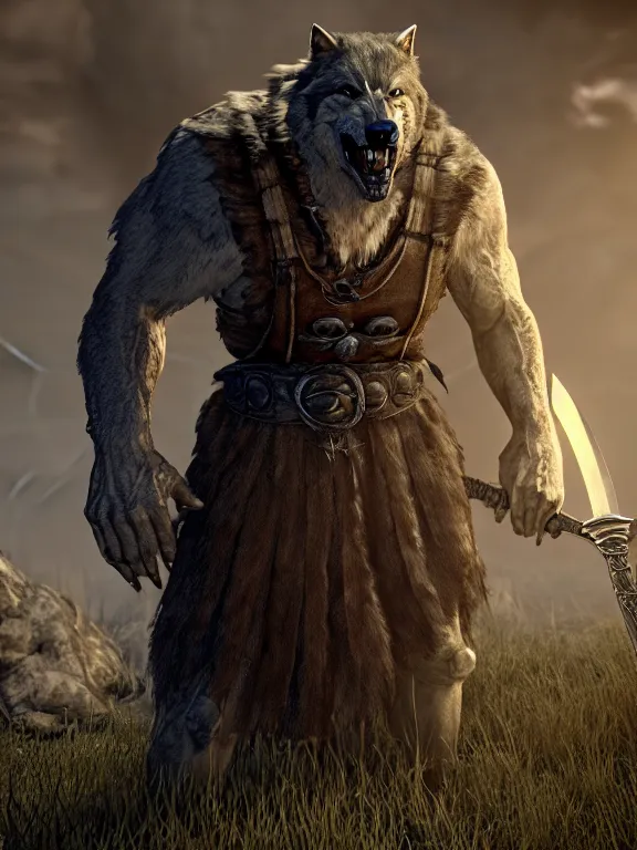 Image similar to cute handsome cuddly burly surly relaxed calm timid werewolf from van helsing holding a sword unreal engine hyperreallistic render 8k character concept art masterpiece screenshot from the video game the Elder Scrolls V: Skyrim