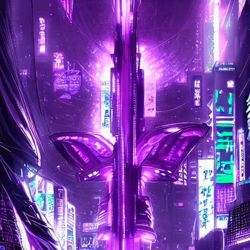 Prompt: Giant Purple Amethyst in cyberpunk neon Tokyo in style of Tsutomu Nihei. Cyberpunk, vertical symmetry, 8K, Highly Detailed, Intricate.