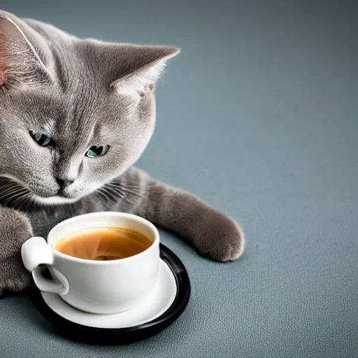 Prompt: photo british shorthair cat with cup of coffee