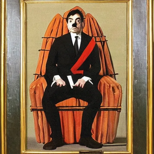 Prompt: A portrait of Mr. Bean depicted as a medieval king, sitting on a throne, oil painting by Salvador Dali