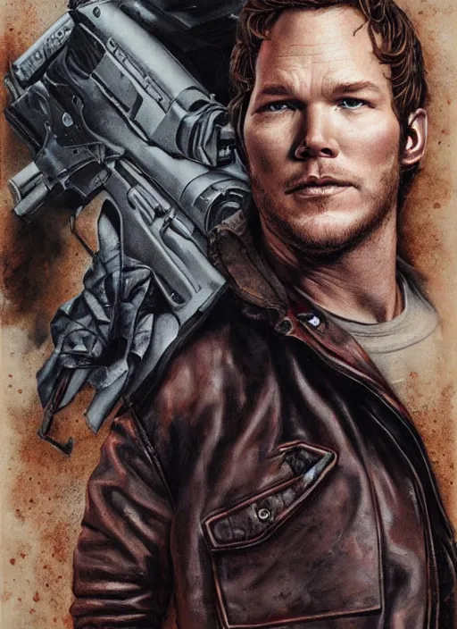 Image similar to portrait of chris pratt, very serious, gritty, dark, wearing a black leather jacket, hyperrealistic, very detailed painting by Glenn Fabry, by Joao Ruas, by Artgerm