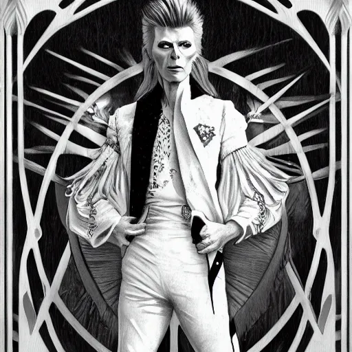 Image similar to amazing lifelike award winning pencil illustration of David Bowie as jareth trending on art station artgerm Greg rutkowski alphonse mucha cinematic