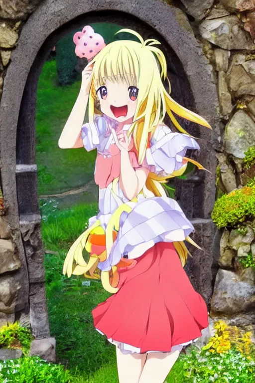 Prompt: a very cute art of a smiling blonde anime girl idol wearing a colorful dress walking at the garden, tongue out, cheeky, in the style of anime, near a stone gate