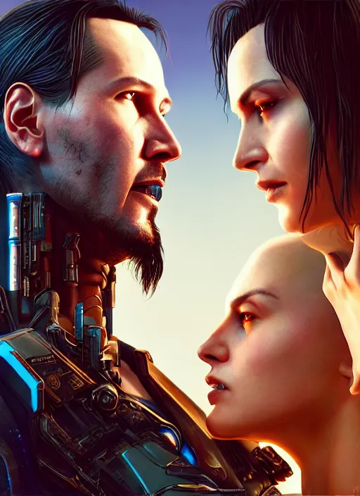 Image similar to a cyberpunk 2077 couple portrait of a Keanu Reeves as johnny silverhand and a female android in final kiss,love,fantasy, intricate, elegant,by Alex Horley,Heather Theurer,aaron horkey,Greg Rutkowski,artstation,deviantart,FAN ART,Digital painting,face enhance,highly detailed,8K,octane,golden ratio,cinematic lighting