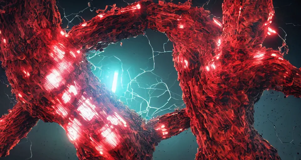 Image similar to a dystopian superhero comic book called modifikation, about bacterium algae that eats people and creates large red diodes all over their bodies hdr, designed by comicraft and yasushi nirasawa, hyperrealistic, 8 k, bokeh, prism, octane render