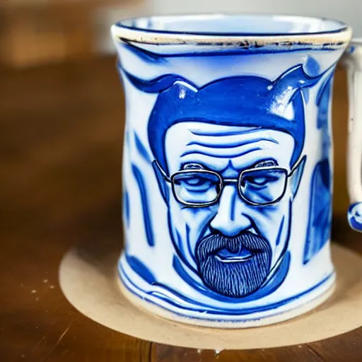 Prompt: a delft blue vase with walter white making meth depicted on it