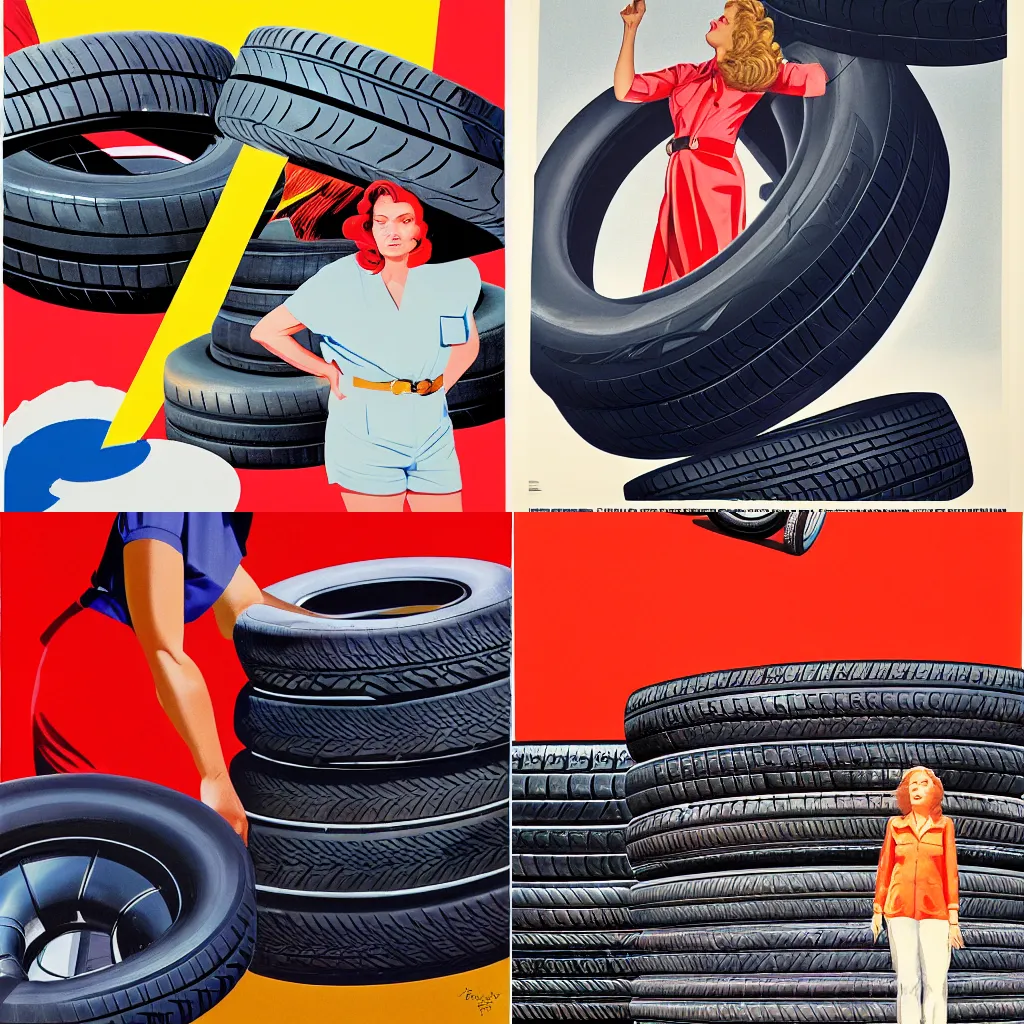 Prompt: a woman standing next to a stack of tires, poster art by james rosenquist, behance, nuclear art, movie poster, poster art, criterion collection