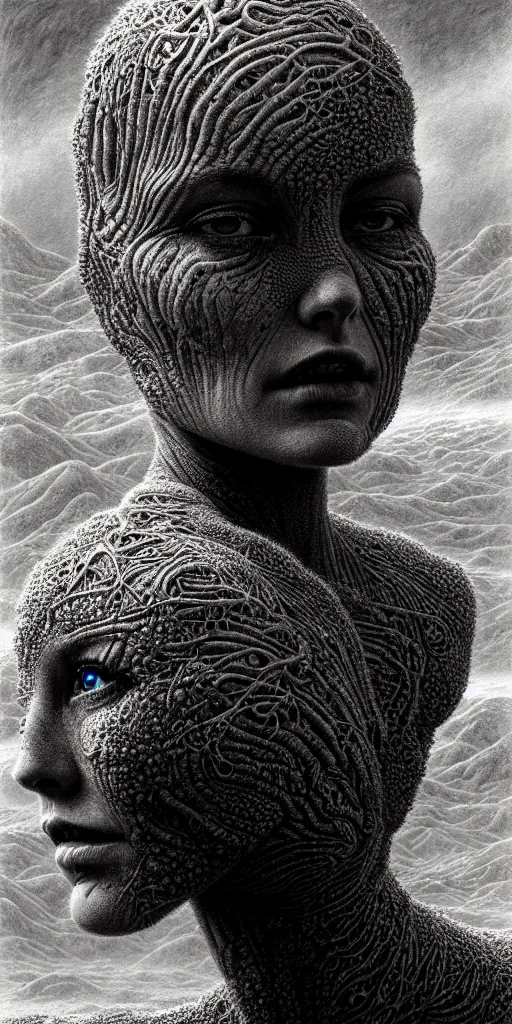 Image similar to ultra realist intricate detailed portrait of a single rugged attractive female on an alien lanscape, insanity, accurate features, apocalyptic, very intricate details, 8 k resolution, dim lighting, artstyle zdzisław beksinski and keith thompson, award winning