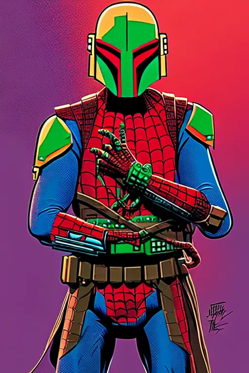 Image similar to spiderman inspired by boba fett, digital portrait art by josan gonzalez, epic lighting, intricate, d & d, fantasy, cyberpunk x renaissance