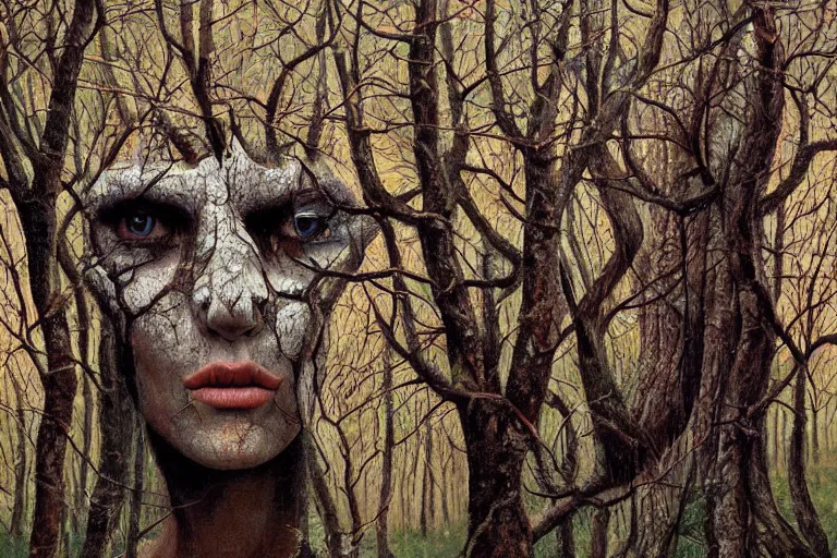 Prompt: face in the woods by oleh shupliak, surreal oil painting, highly detailed, symmetry, masterpiece