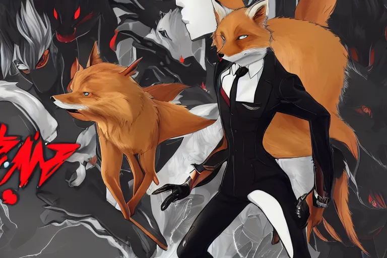 Image similar to a furry tan male fox on a persona 5 : royal ( by atlus ) video game splash screen, a furry male sandcolored tan fox fursona ( has hair ), persona 5 phantom thief style