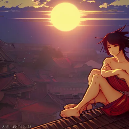 Prompt: digital anime art in the style of netflix arcane, beautiful gorgeous female shinobi sitting on an old oriental roof at sunset, wlop, alphonse mucha, greg rutkowski, ilya kuvshinov, backlit