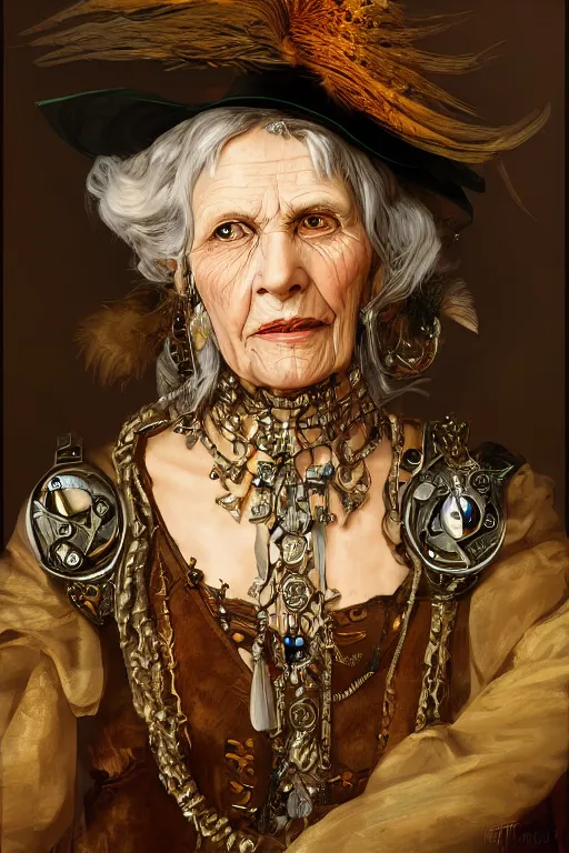 Image similar to portrait, headshot, digital painting, of a old 17th century, old lady cyborg merchant, amber jewels, clorful feathers, baroque, ornate clothing, scifi, futuristic, realistic, hyperdetailed, chiaroscuro, rimlight, concept art, art by Waterhouse