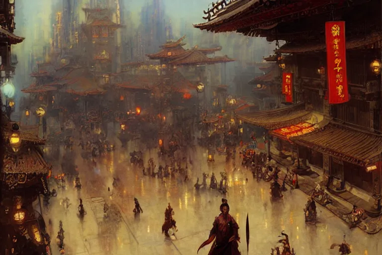 Image similar to wuxia, steampunk city, painting by gaston bussiere, craig mullins, j. c. leyendecker