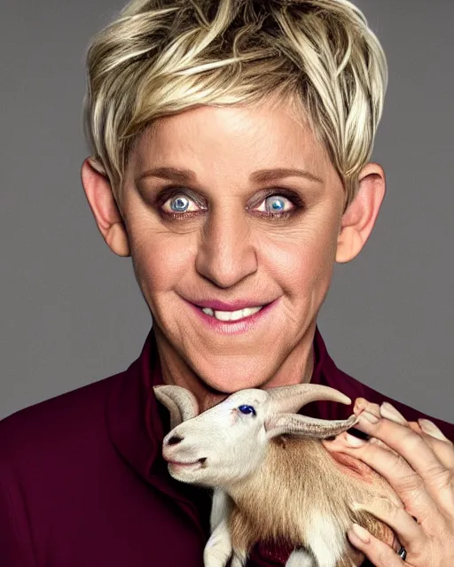 Image similar to headshot of ellen degeneres with yellow goat like eyes, ellen degeneres in highly detailed satyr like makeup by rick baker, studio lighting, 8 k, photo shoot, 9 inch kershaw soft focus lens f / 5. 6