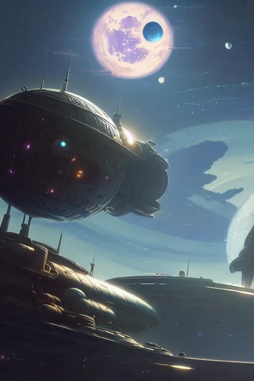 Image similar to steampunk spaceship infront of a planet, exquisite details, denoised, mid view, by karl kopinski, artsation, greg rutkowski, makoto shinkai, takashi takeuchi, studio ghibli