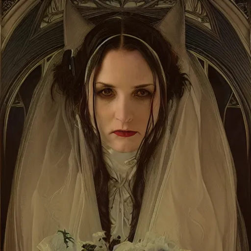 Image similar to portrait of a lady vampire, 35mm, victorian, depth of field, ominous, sharp, highly detailed, photorealistic, realistic, unreal 5, high definition, 8k, deviantart, donato giancola, irwin penn, ((Alphonse Mucha))