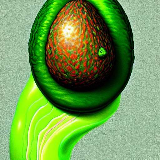 Prompt: An extremely psychedelic portrait of an avocado, surreal, LSD, face, detailed, intricate, elegant, lithe, highly detailed, digital painting, artstation, concept art, smooth, sharp focus, illustration