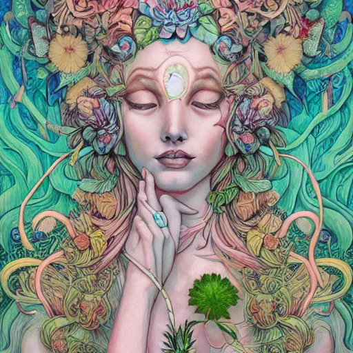 Prompt: goddess of plant medicine art by james jean, and art by loish highly detailed painting trending on arstation vivid colors cannabis