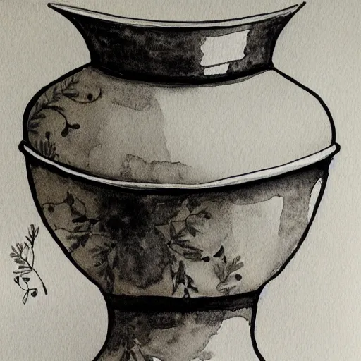 Prompt: black and white vase in the style of pen and ink, watercolor