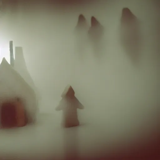 Image similar to cinematic photo of ghosts living inside of a haunted gingerbread house, spooky, fog, 3 5 mm film