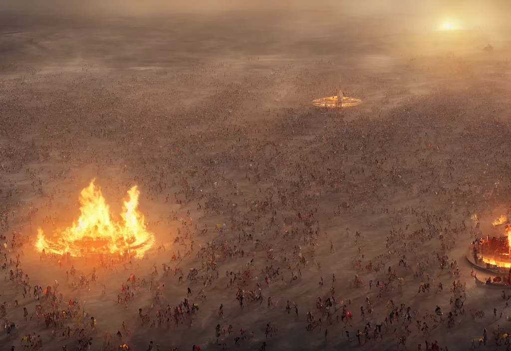 Prompt: A Dj playing to a vast crowd a burning man, octane render, dramatic concept art, 4k, high detail, volumetric lighting