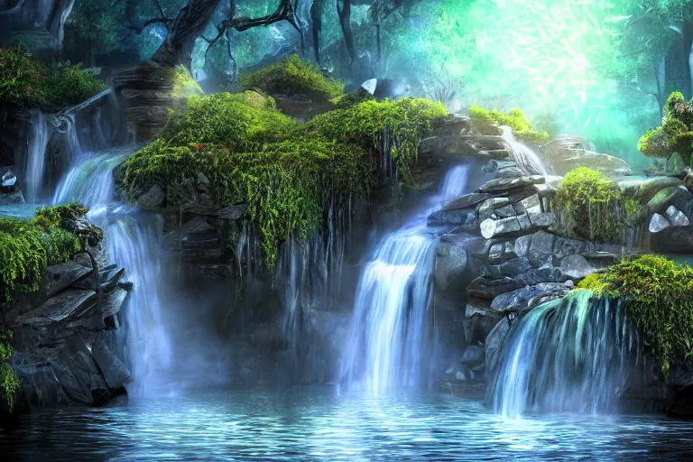 Image similar to An enchanted fantasy waterfall. Cinematic lighting. Photorealism.