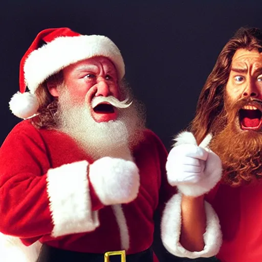 Image similar to Santa and Jesus angrily screaming at each other, 80s movie action battle, crying pink ice cream with a face