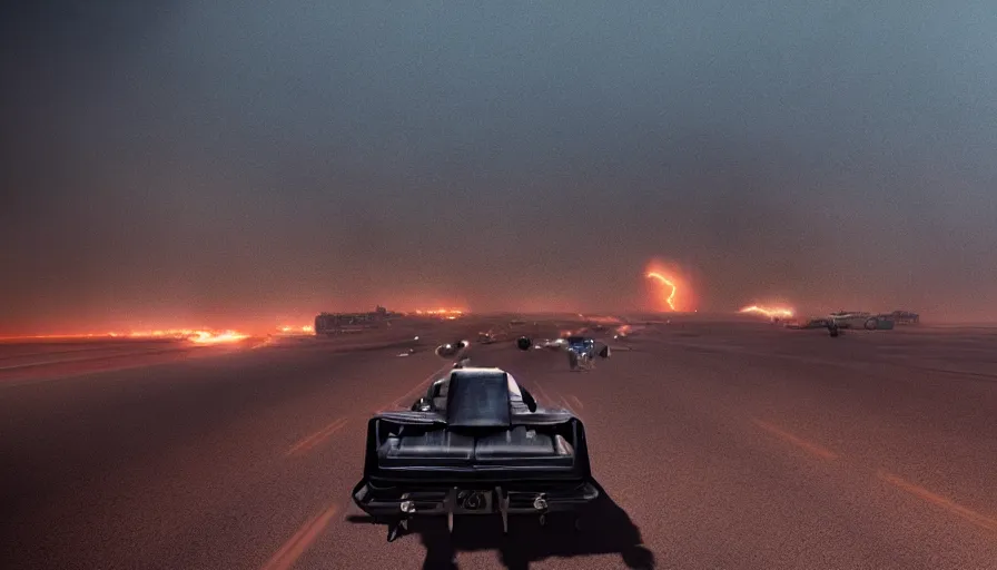 Image similar to back view on a man in jacket crossing las vegas's street in the distance in mad max, huge sandstorm, huge lightning, tornado, fire and ashes, debris, destruction, hyperdetailed, artstation, cgsociety, 8 k