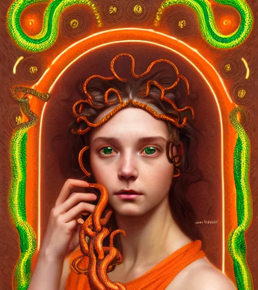 Prompt: portrait of teenage medusa, snake hair, naughty smile, wearing an embroidered orange tunic, intricate, elegant, copper and emerald jewelry, glowing lights, highly detailed, digital painting, artstation, concept art, smooth, sharp focus, seductive illustration, art by wlop, mucha, artgerm, and greg rutkowski