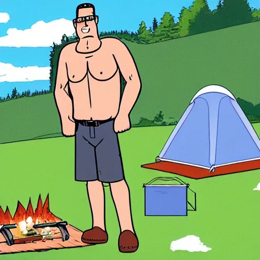 Prompt: hank hill on a camping trip, photo