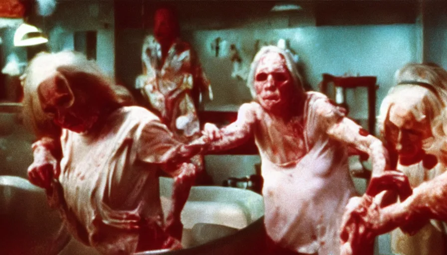 Prompt: 7 0 s film still from a horror movie about elderly people bathing in acid, kodachrome, cinecolor, cinestill, film grain, film texture, retro, cinematic, high resolution, photorealism,